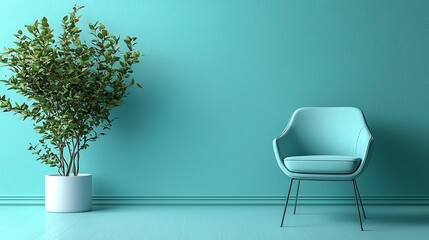 Contemporary living space with teal chair and potted plant minimalist design indoor environment calm viewpoint
