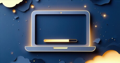 Paper cutout of laptop with glowing loading bar deep navy and bright gold symbolizing software deployment and testing