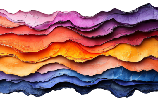 Colorful layered abstract background with vivid hues of purple, pink, orange, and blue, resembling waves or mountains of paper.