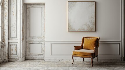 Cozy vintage chair in minimalist room modern home interior photography bright natural lighting serene atmosphere