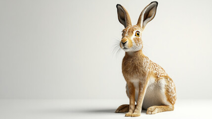 Obraz premium European hare or brown hare, lepus europaeus, sitting and looking away on white background.
