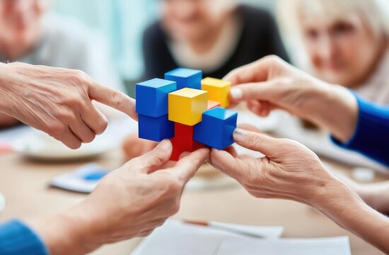 A group of people collaboratively interacts with colorful building blocks, showcasing teamwork and engagement in a creative activity. - Powered by Adobe