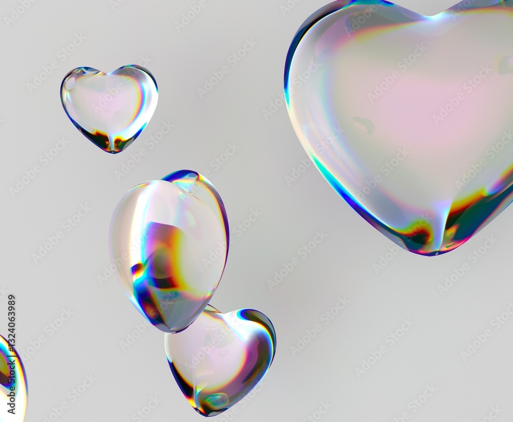 Poster hearts made of iridescent glass hover elegantly against a soft background, reflecting light in a cap