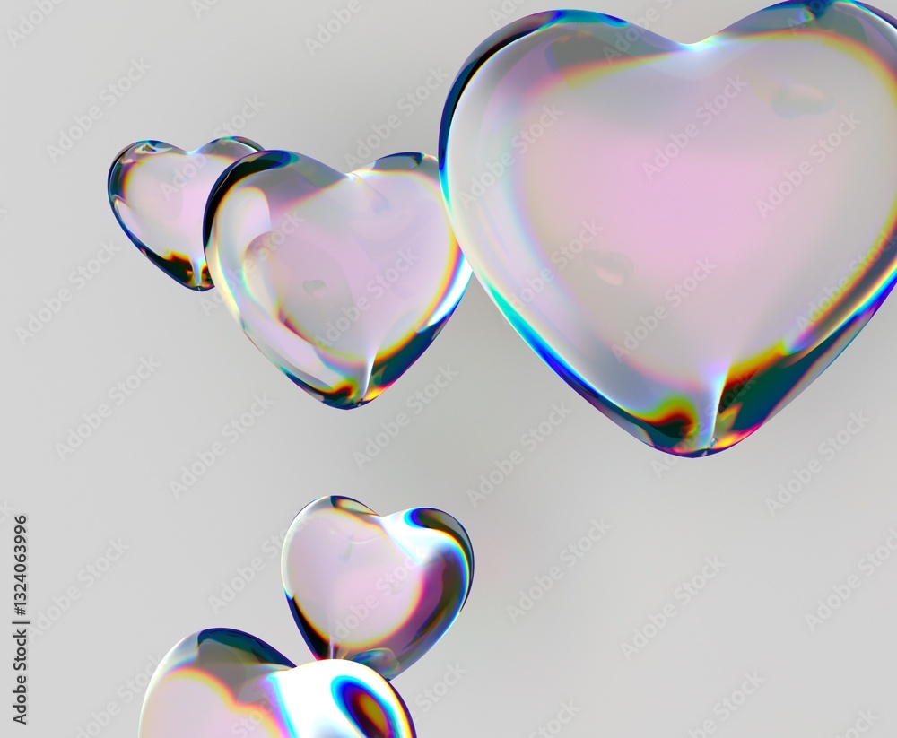 Poster hearts made of iridescent glass hover elegantly against a soft background, reflecting light in a cap