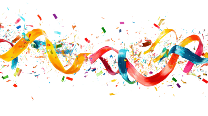 Colorful ribbons swirl together in a dynamic dance, surrounded by a burst of confetti, creating an energetic and festive atmosphere.