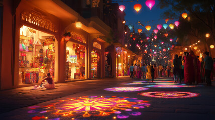 A Festive Diwali Street Glowing with Lights and Colorful Decorations as Families Enjoy Shopping Together