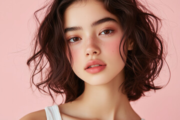 Naklejka premium Close-up portrait of a young woman with soft features.
