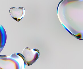 Hearts made of iridescent glass hover elegantly against a soft background, reflecting light in a captivating spectrum of colors. This 3D illustration conveys a sense of beauty and delicacy.