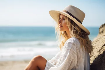 Papier peint photo intissé Profile of a beautiful young women looking out to sea on a sandy beach.