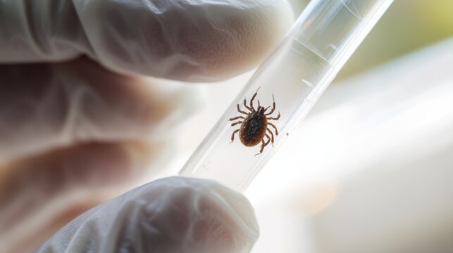 Scientist wearing protective gloves holding a small test tube with dangerous ticks for laboratory research. Study of tick-borne diseases, infection detection, and disease prevention