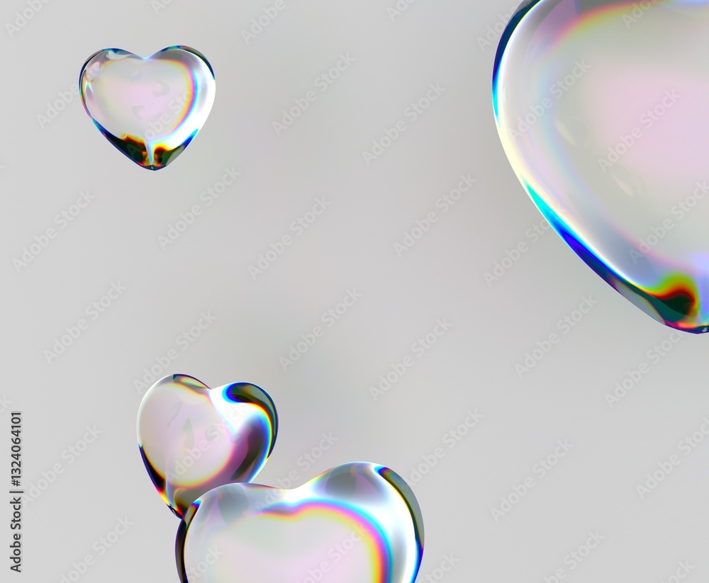 Poster hearts made of iridescent glass hover elegantly against a soft background, reflecting light in a cap