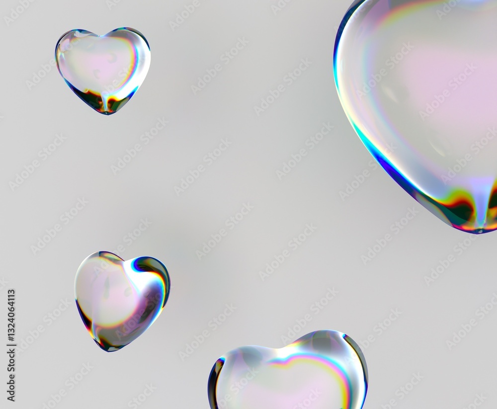 Poster hearts made of iridescent glass hover elegantly against a soft background, reflecting light in a cap