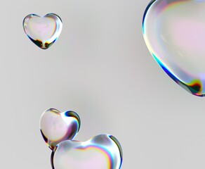 Hearts made of iridescent glass hover elegantly against a soft background, reflecting light in a captivating spectrum of colors. This 3D illustration conveys a sense of beauty and delicacy.