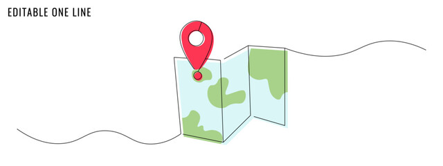 One continuous line drawing of a map and a location pin. A travel concept banner. Editable stroke, simple doodle design, vector illustration