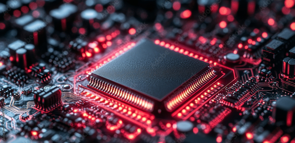 Aufkleber A quantum computing chip is positioned at the center of a complex circuit board, illuminated by vibrant red lights. The detailed arrangement of components showcases advanced technology.
