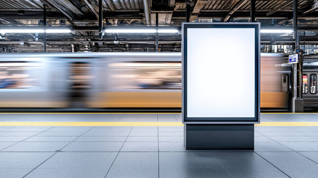 A blank advertising display at a busy subway station, surrounded by moving trains.