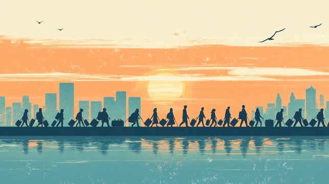 Travelers Walking Towards a New City on the Horizon with Modern Suitcases in an Artistic Composition. International Migrants Day
