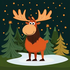 Naklejka premium Delightful Brown Moose in Winter Forest Illustration Under Starry Night Sky