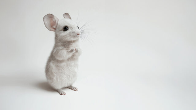 Niedliche wei&szlig;e Chinchilla Maus steht aufrecht auf Hinterpfoten vor wei&szlig;em Hintergrund im Studio