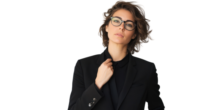 Confident woman adjusting her collar while wearing glasses, dressed in business attire. Stylish portrait with a modern and professional vibe.