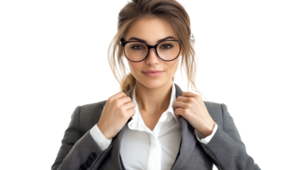 Confident young woman in a suit with glasses, posing with a smile and adjusting her jacket, isolated on a white background.