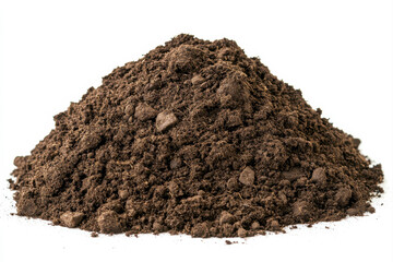 A close-up view of a pile of rich, dark soil, perfect for gardening or agriculture. isolated on white background.