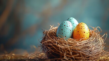 Fototapeta premium Colorful Easter Celebration: Beautiful April Decoration Concept Featuring Crafted Eggs on Paper Background with Copy Space.