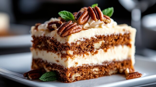 This scrumptious layered carrot cake is topped with fresh pecans and creamy frosting, capturing the essence of comfort desserts and delightful sweetness.