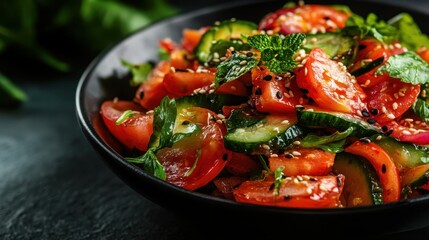 A vibrant mixed vegetable salad composed of various fresh ingredients like tomatoes, cucumbers, and herbs, garnished with sesame seeds, showcasing both health and beauty.