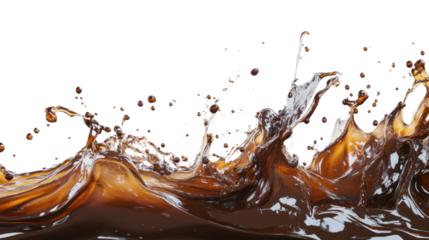 Dynamic splash of coffee with rich brown tones, creating a lively and energetic effect, perfect for beverage promotions or coffee-related content.