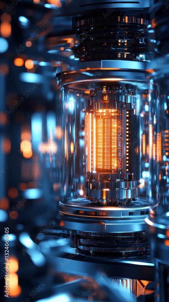 Poster close-up view of a futuristic quantum processor with glowing elements, showcasing advanced technolog