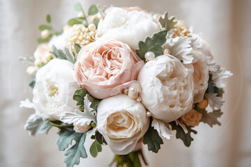  Romantic bridal bouquet with white flowers and greenery in soft light