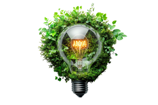 Eco-friendly light bulb surrounded by lush green plants, symbolizing sustainability and renewable energy, against a white isolate background.