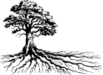 Rooted growth a visual exploration of tree roots nature black and white illustration artistic perspective environmental connection