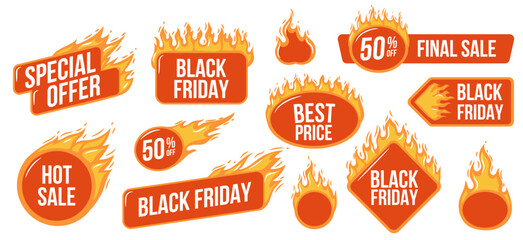 Fire label set. Black friday vector badges. Flaming stickers. Hot sale selling marketing price label for promotional. 