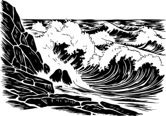 Raging waves crash against rocky shore coastal landscape black and white serene environment dramatic perspective