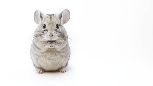 Niedliche wei&szlig;e Chinchilla Maus steht aufrecht auf Hinterpfoten vor wei&szlig;em Hintergrund im Studio
