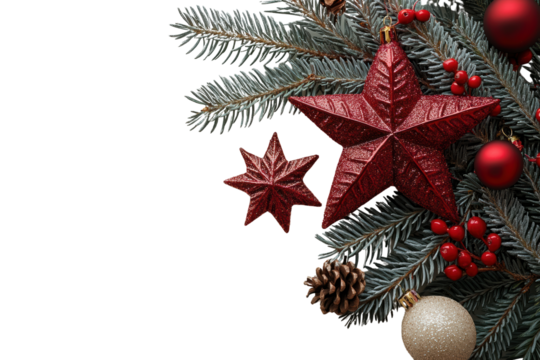 Festive Christmas decoration with red stars, ornaments, pine cones, and evergreen branches on a white background.