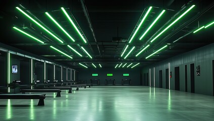 An indoor shooting range with LED lighting, featuring several virtual reality target systems