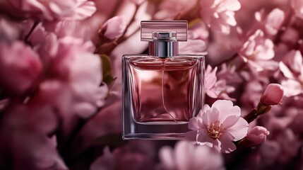 A beautifully arranged perfume bottle positioned amidst blooming flowers, creating a mesmerizing visual that conveys luxury, charm, and femininity.