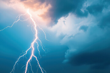 A dramatic lightning strike illuminating a stormy sky with vivid blue hues.