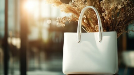 A stylish white tote bag placed elegantly next to a beautiful arrangement of dried flowers, creating a serene and minimalist atmosphere ideal for lifestyle photography.