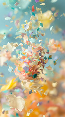 Floating multicolor paper confetti creating a dreamy and festive atmosphere