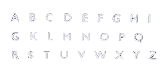 Set of silver letter A to Z. Full metallic alphabet of glossy chrome inflatable balloons isolated on transparent background. 3D render, png. Foil letters