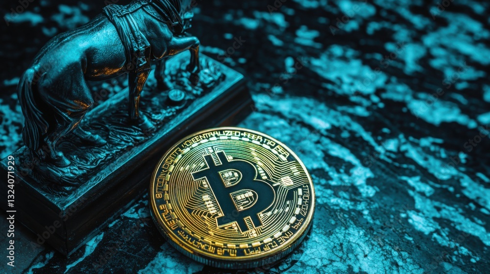 Poster close-up of a bitcoin on a table representing cryptocurrency and blockchain trading in the digital f