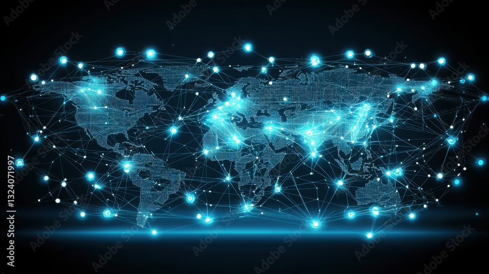 Poster world map featuring dots and lines representing global connectivity and blockchain trading platforms
