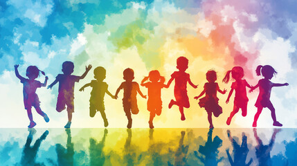 Silhouettes of happy kids in coloful background, copy space. Children day, childhood concept