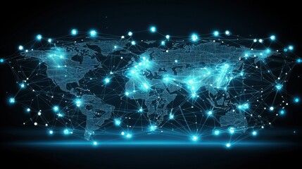 World map featuring dots and lines representing global connectivity and blockchain trading platforms across different regions