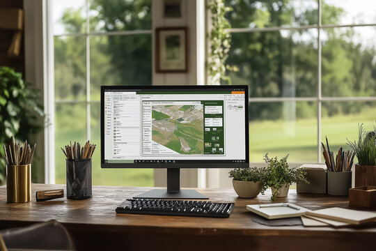 A modern desk features a sleek monitor displaying detailed landscape maps, surrounded by greenery and sunlight filtering through large windows, promoting creativity and focus in the workspace