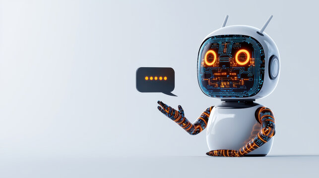 A friendly robot with glowing features engaged in conversation. isolated on white background.